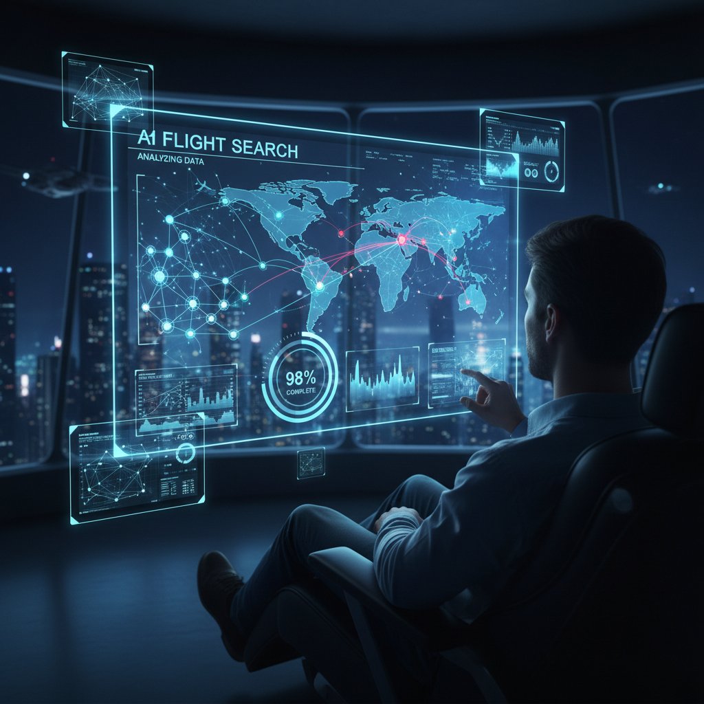 AI flight search analyzing data, futuristic interface scanning global flight options for money-saving flight tips