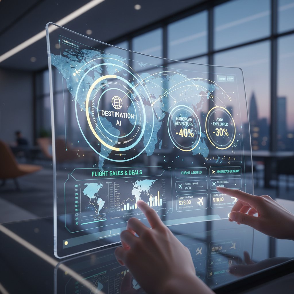 AI-powered flight search interface, futuristic look, digital dashboard with colorful data and traveler interacting