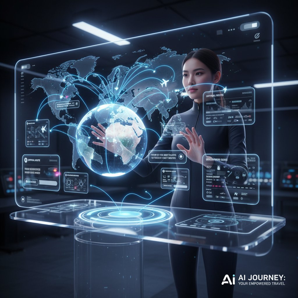 Futuristic interface showing intelligent flight search with AI overlays, user interacting confidently, empowerment theme