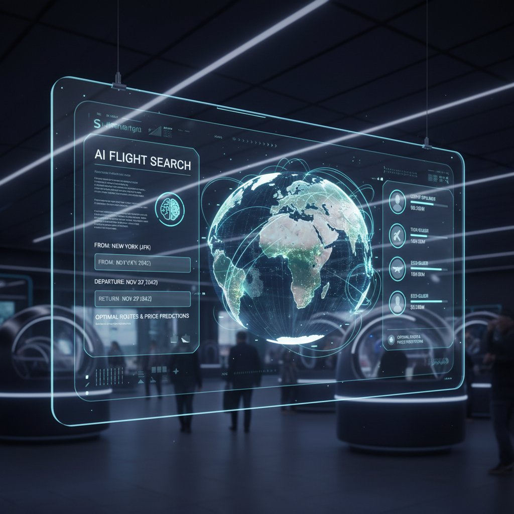 Futuristic AI-powered travel interface showing routes and data points