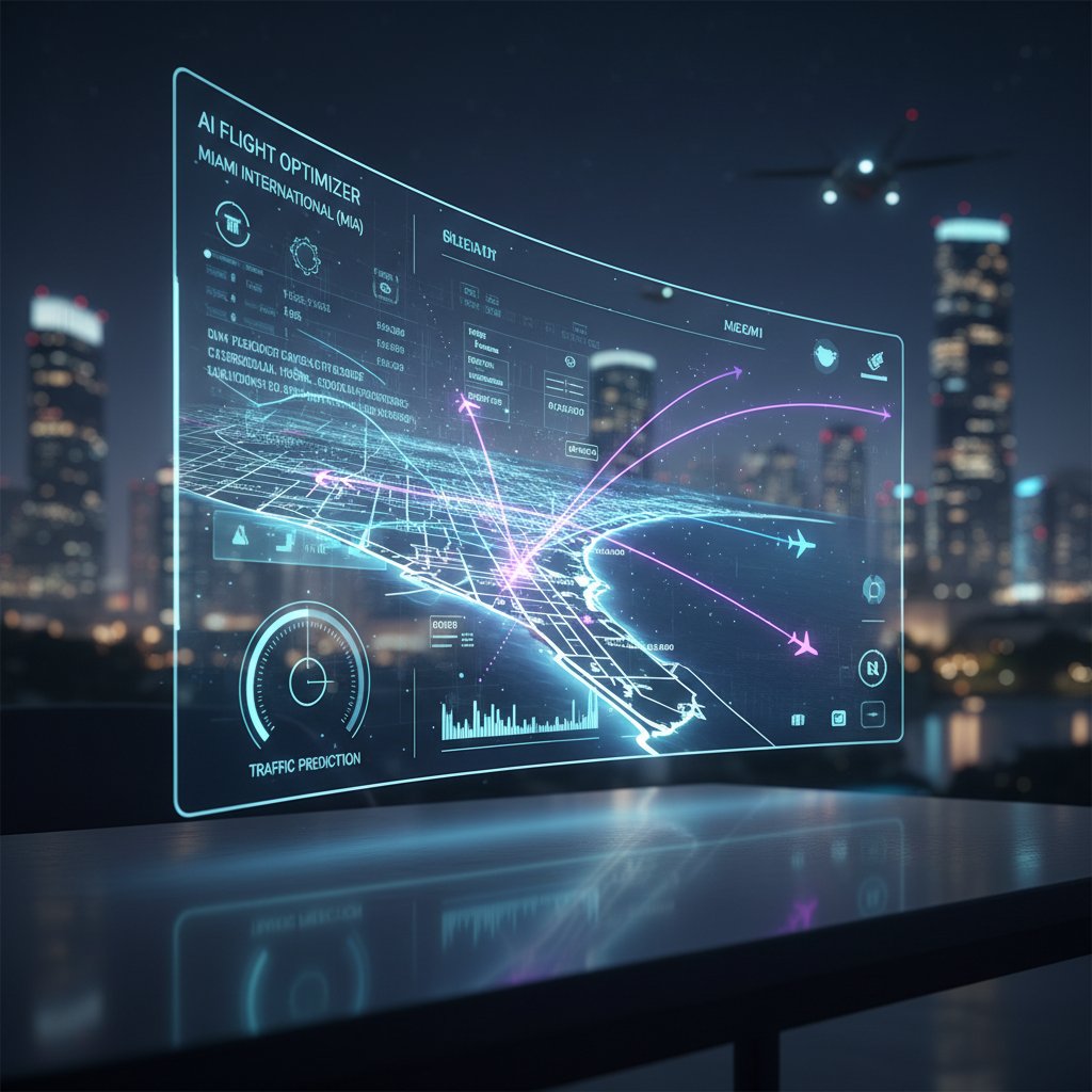 AI-powered flight search interface with Miami focus, futuristic, data overlays