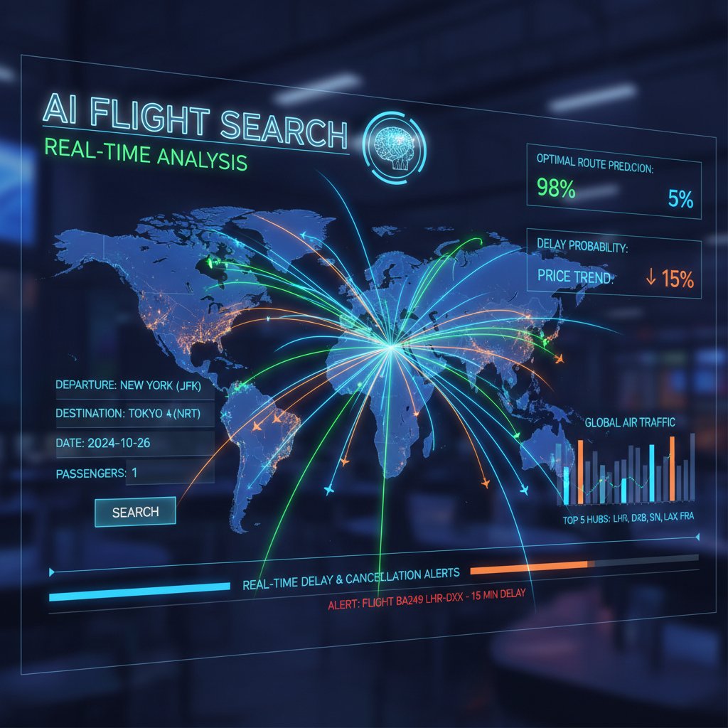 An AI engine visualizing thousands of flight route options in neon colors, conveying the complexity and speed of real-time AI flight search