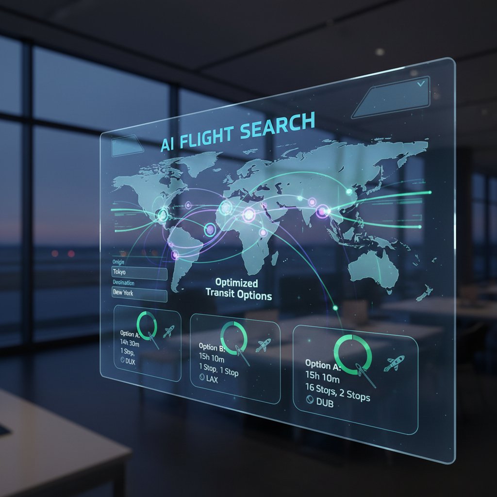 AI-driven flight search interface suggesting optimized transit options, glowing device, futuristic setting