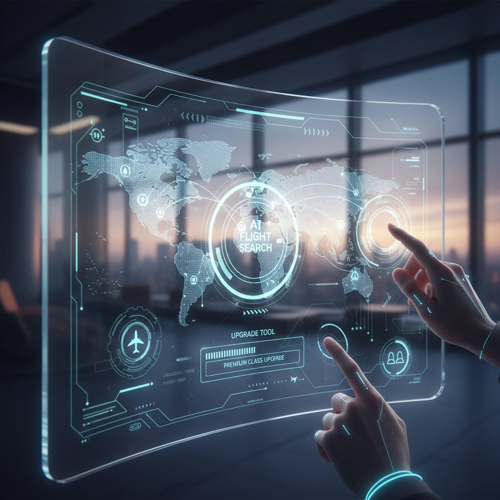 Futuristic interface of AI flight search tool for upgrades