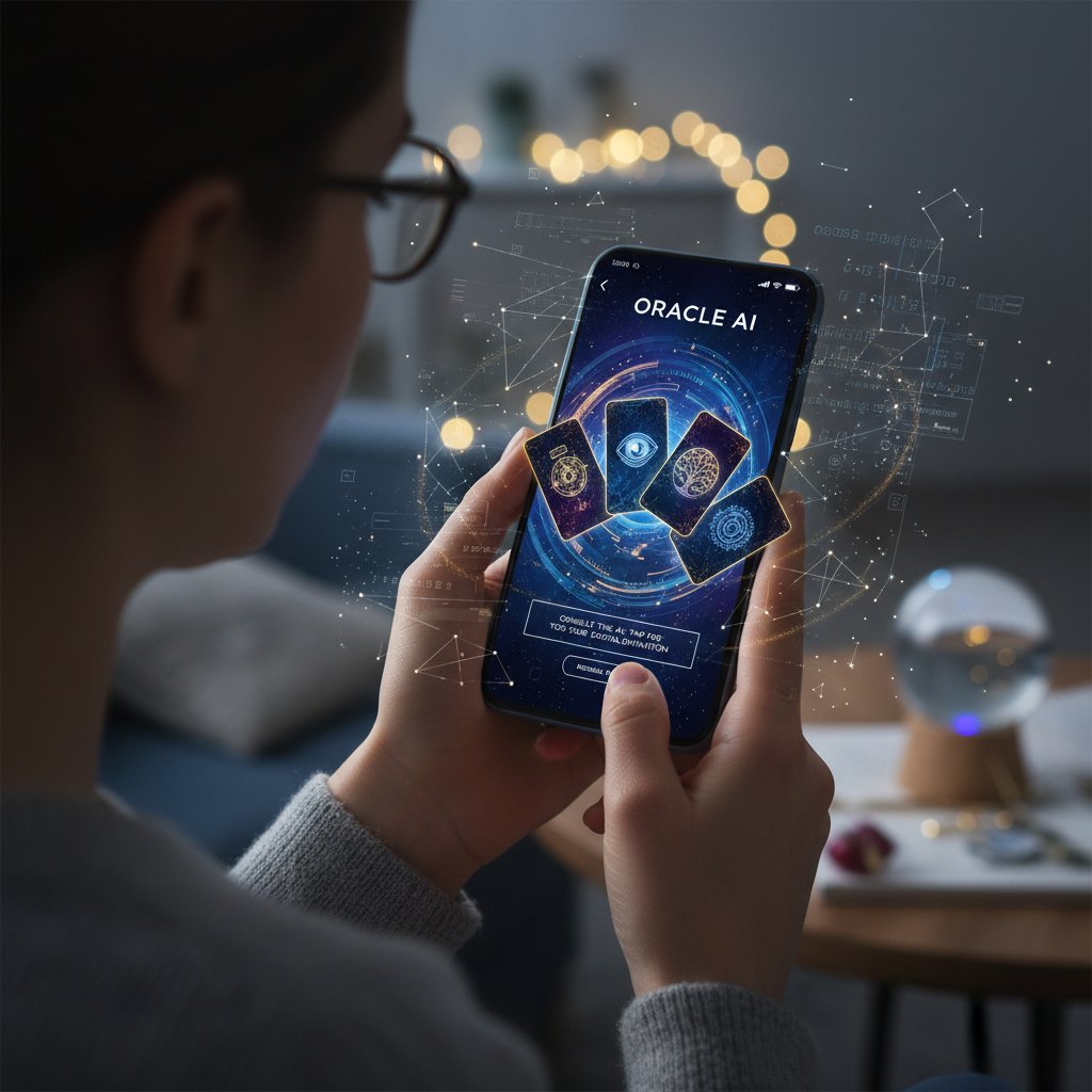 Nowoczesna aplikacja AI do wróżb na ekranie smartfona, użytkownik korzystający z cyfrowej wróżki, wróżby online
