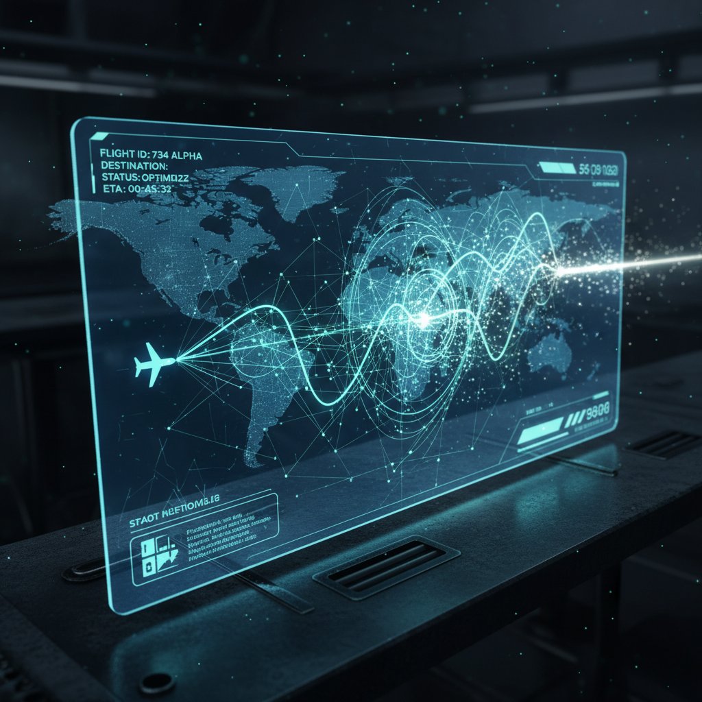 Evolving flight path morphing into a digital interface, visualizing the concept of transformation flights and AI technology