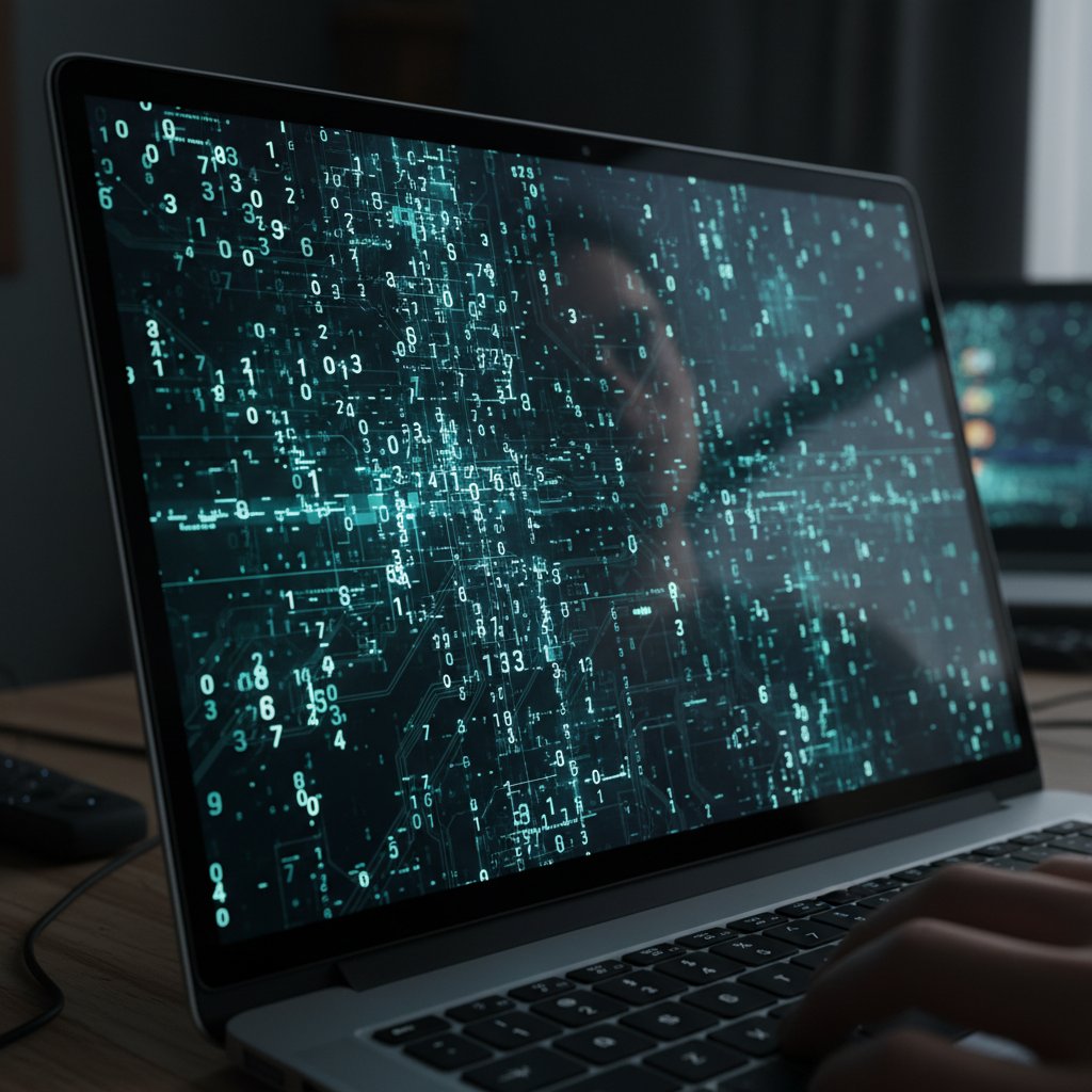 Cyfrowe liczby anielskie na ekranie laptopa, symbolizujące przenikanie duchowości do świata technologii
