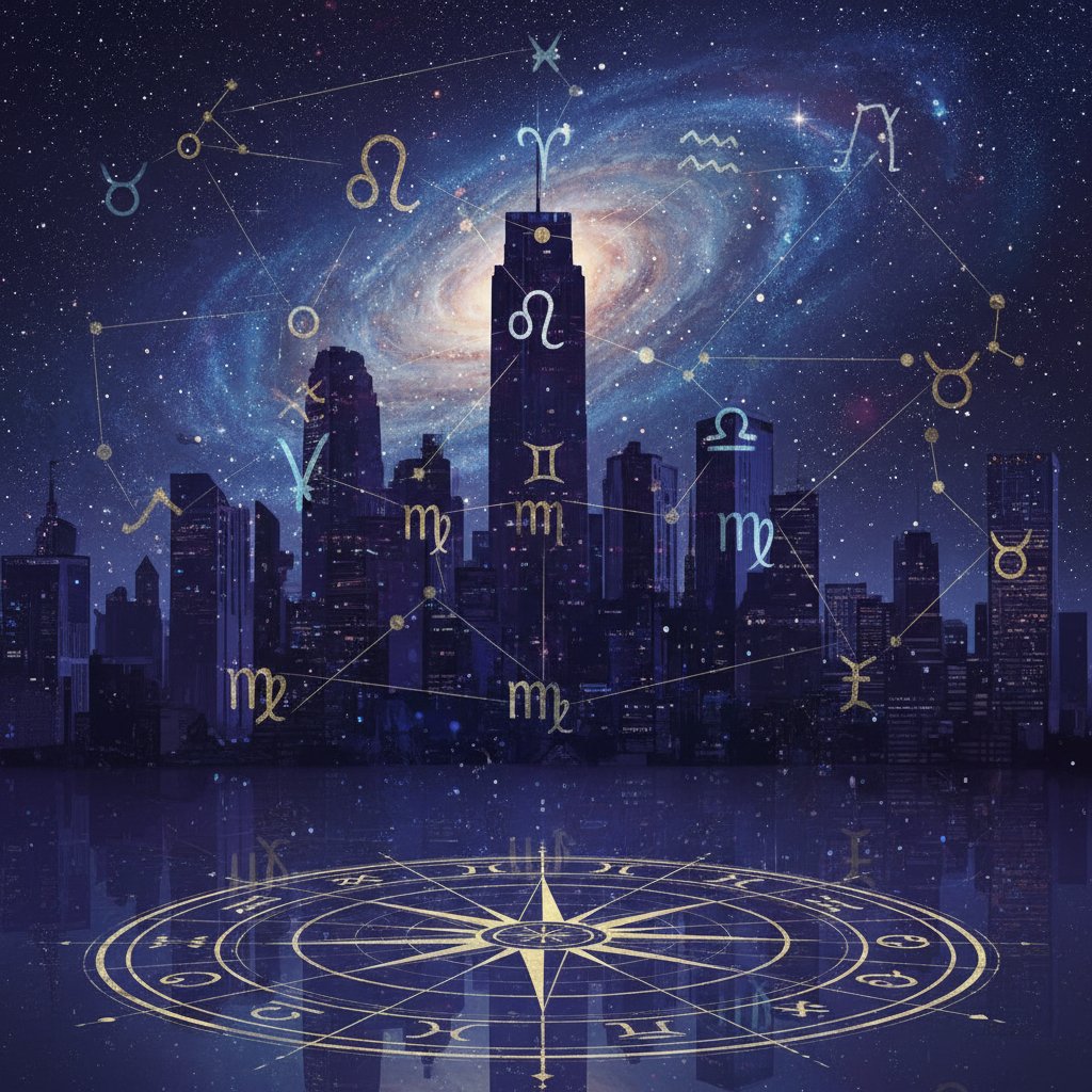 Wzory zodiaku generowane przez AI nad panoramą miasta