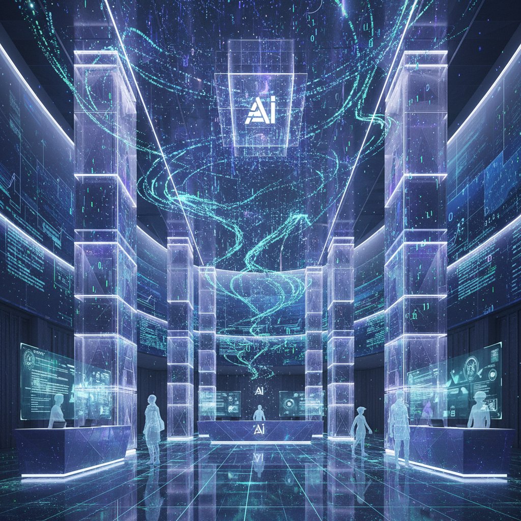 Abstract digital visualization of data points clustering into a hotel icon. Alt: 'AI analyzing travel preferences for hotel picks.'