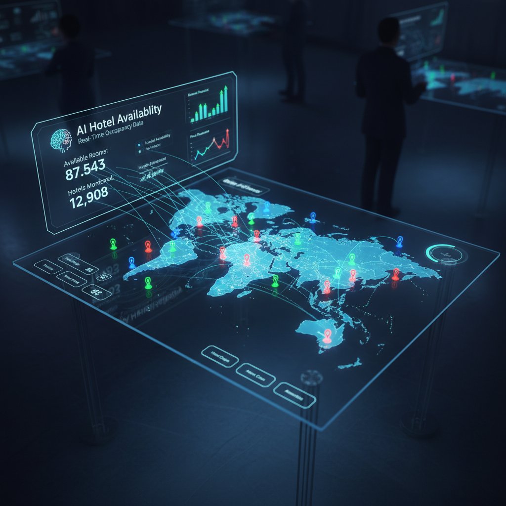 AI platform analyzing hotel availability data in real time, futuristic interface overlay on map