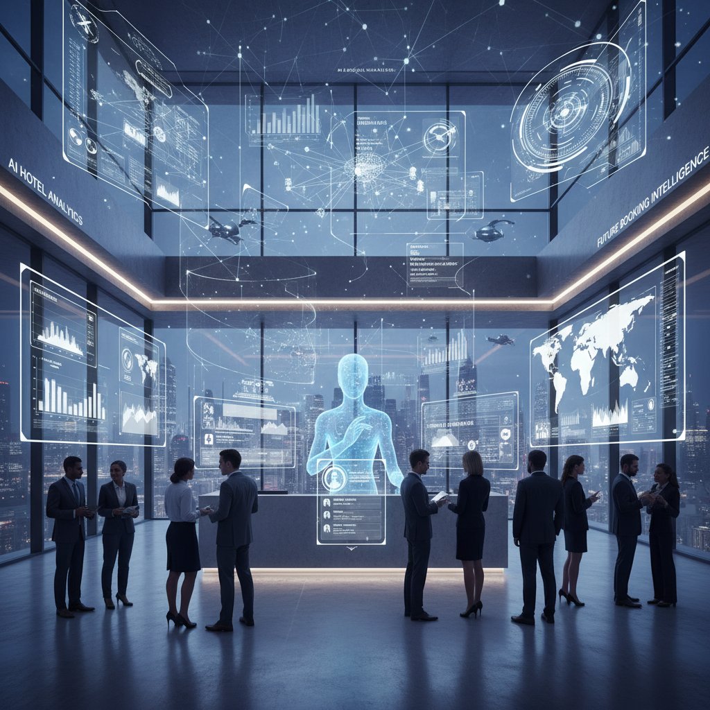 AI analyzes vast hotel data for booking consultation, futuristic visualization of data points