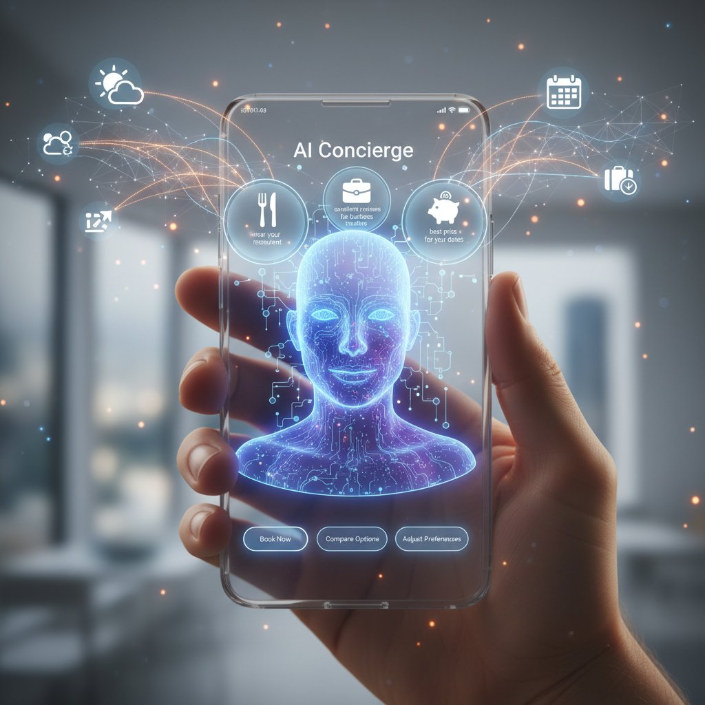 AI-driven hotel booking interface on mobile, visualizing data-driven decision-making