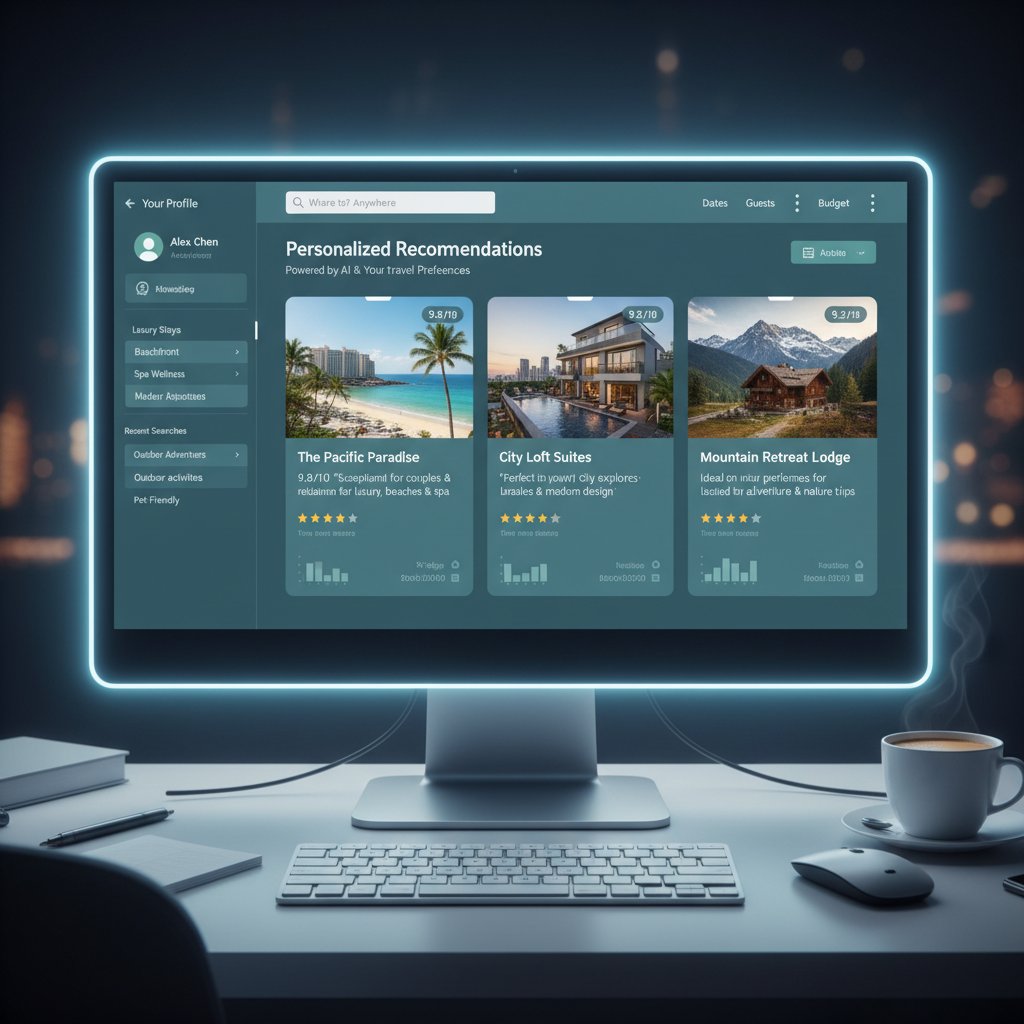 An AI dashboard on a laptop providing personalized hotel match recommendations