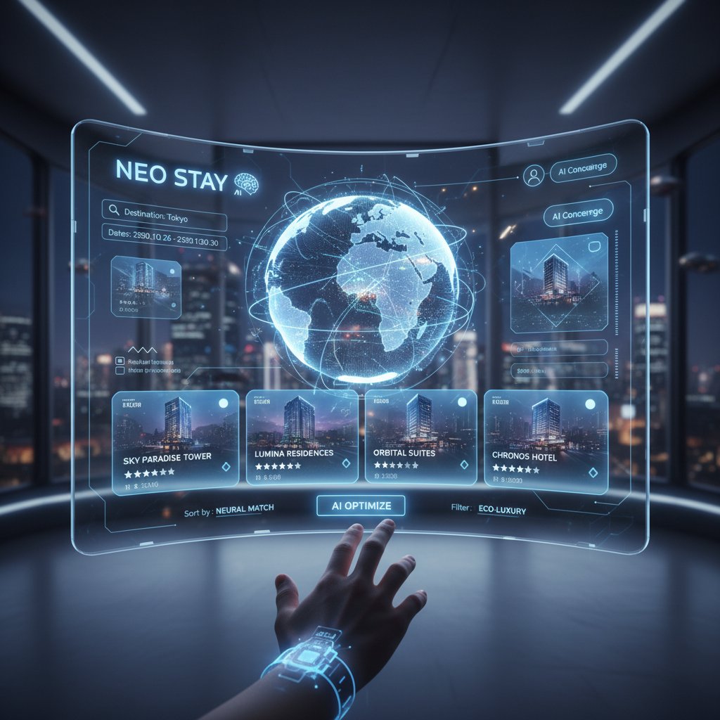 Futuristic AI hotel booking interface overlaying search results