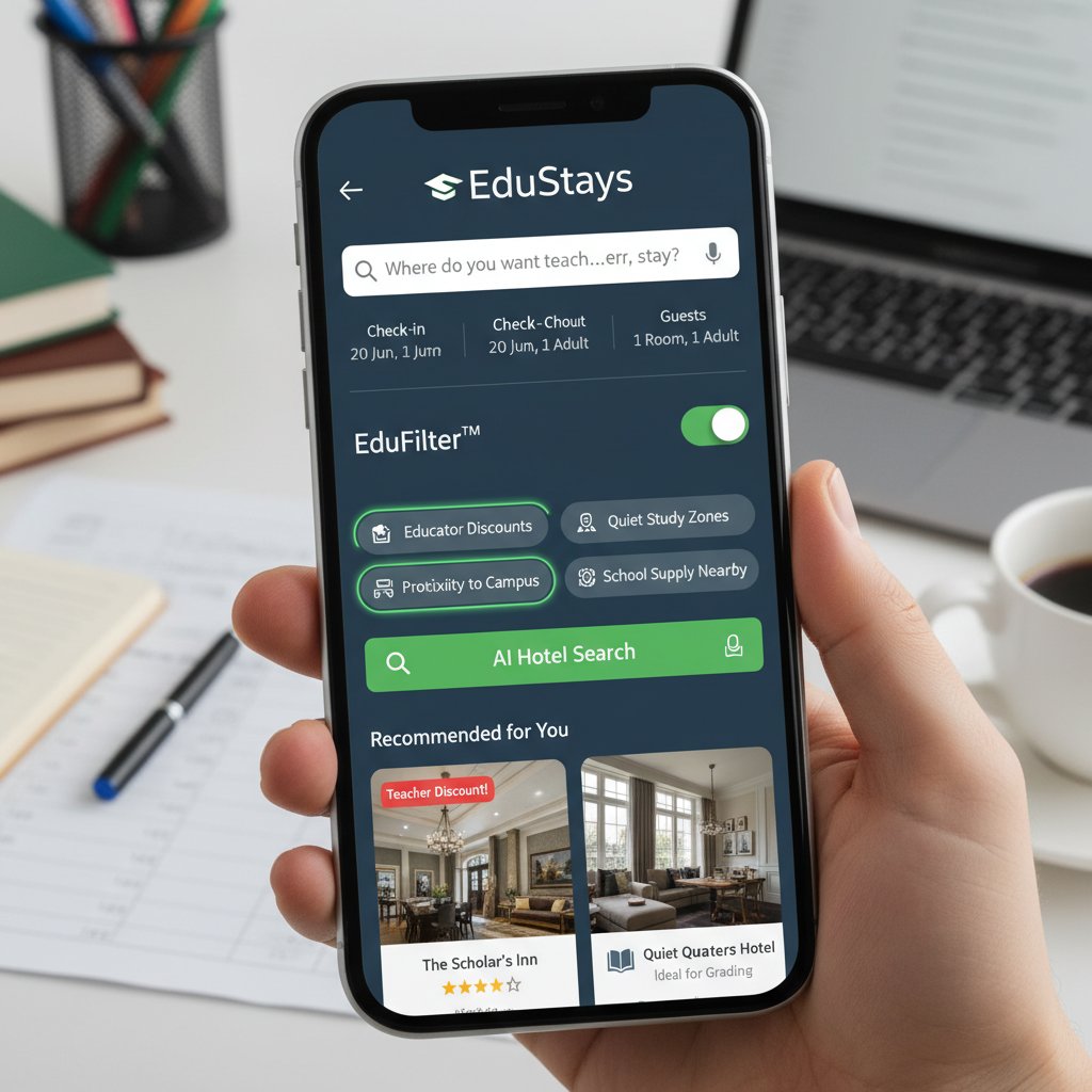 Smartphone showing AI-driven hotel search with teacher-specific options.