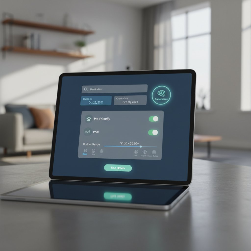 AI hotel finder user interface matching preferences, futuristic travel planning accommodations technology