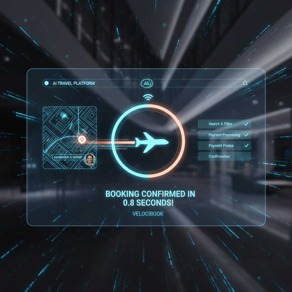 Close-up photo of user interacting with AI-powered hotel booking platform, modern interface, speed emphasized, future of hotel search