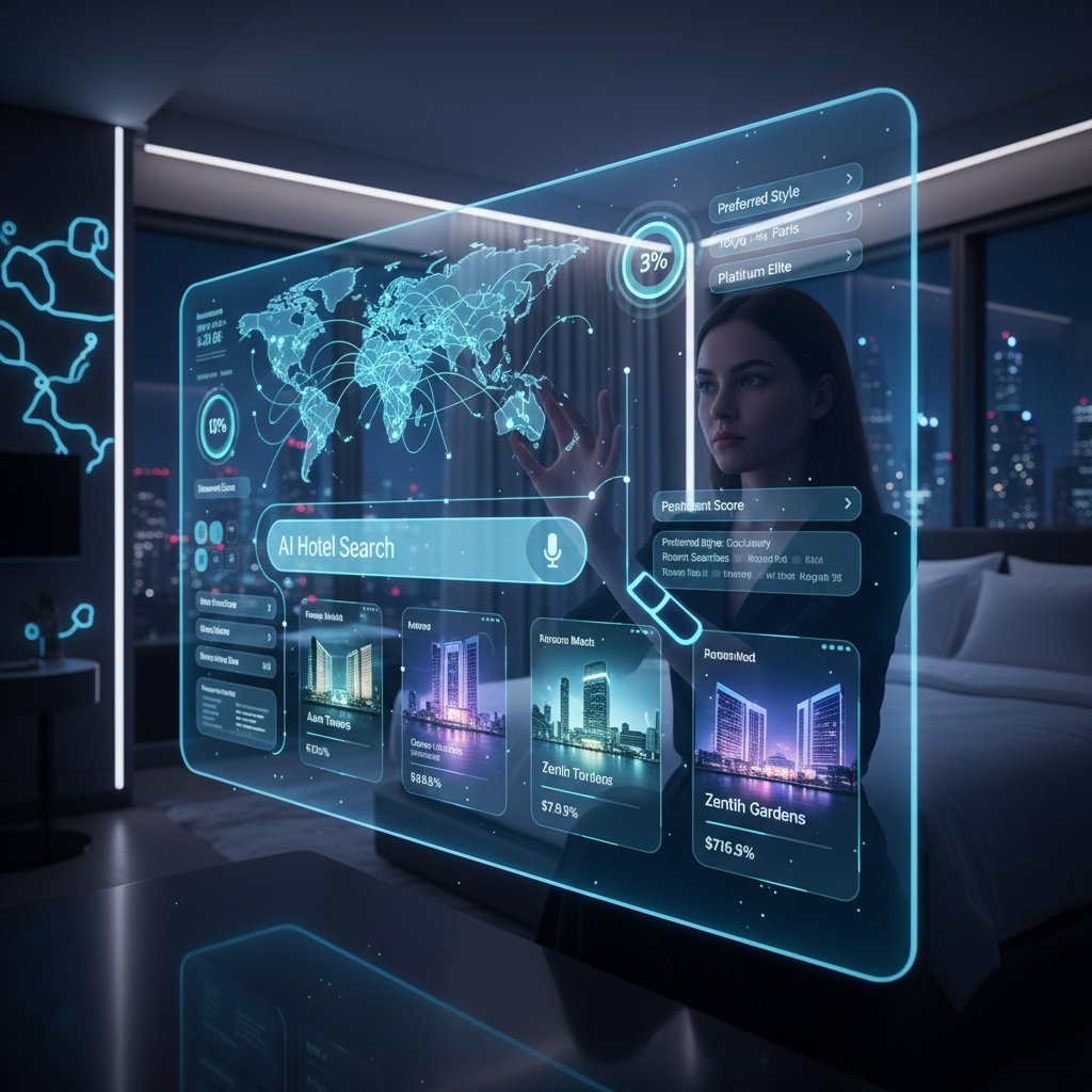 Futuristic AI hotel search dashboard showing personalized hotel matches, find affordable hotels fast