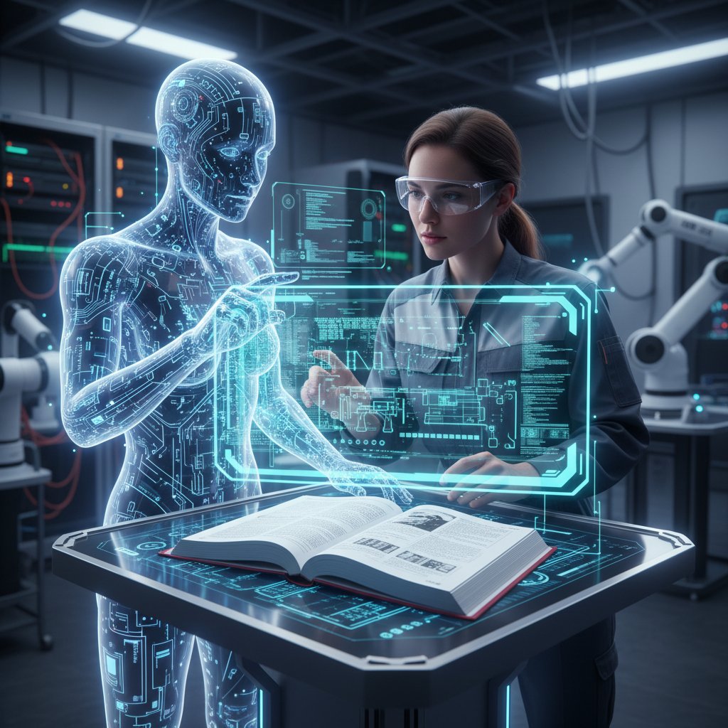 AI and human hands collaborating over a digital blueprint, symbolizing next-gen manual creation app workflows