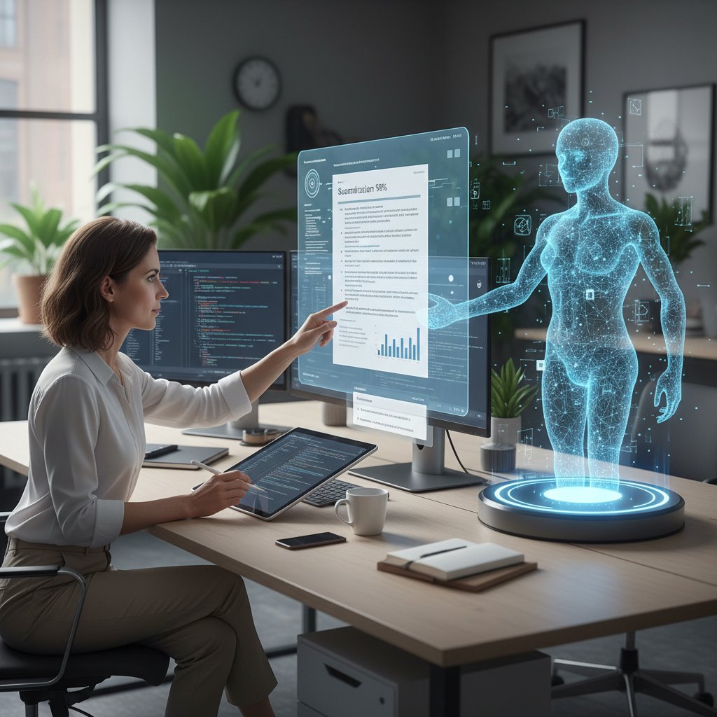 Ambiguous AI-human collaboration, symbolizing risks and rewards of document summarization