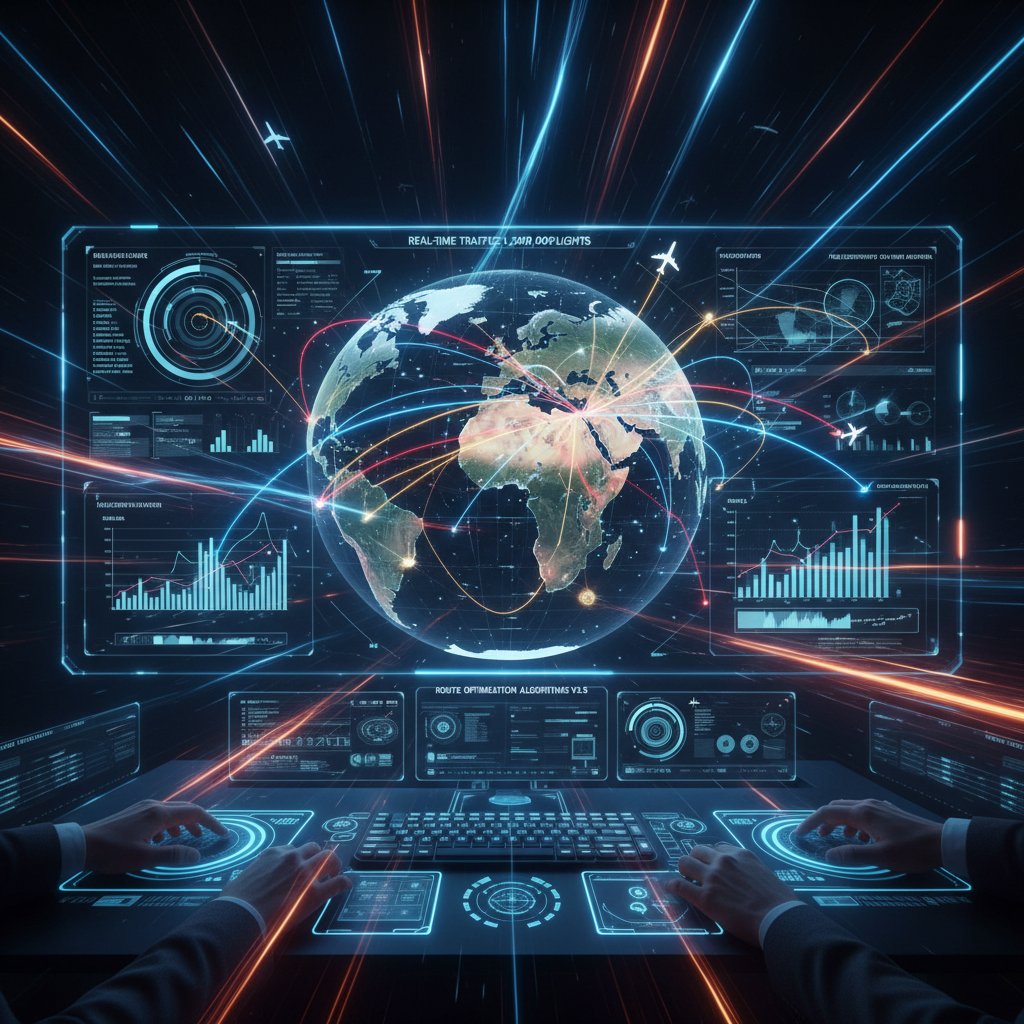 AI interface analyzing flight routes with data overlays, energetic digital workspace, sharp photo