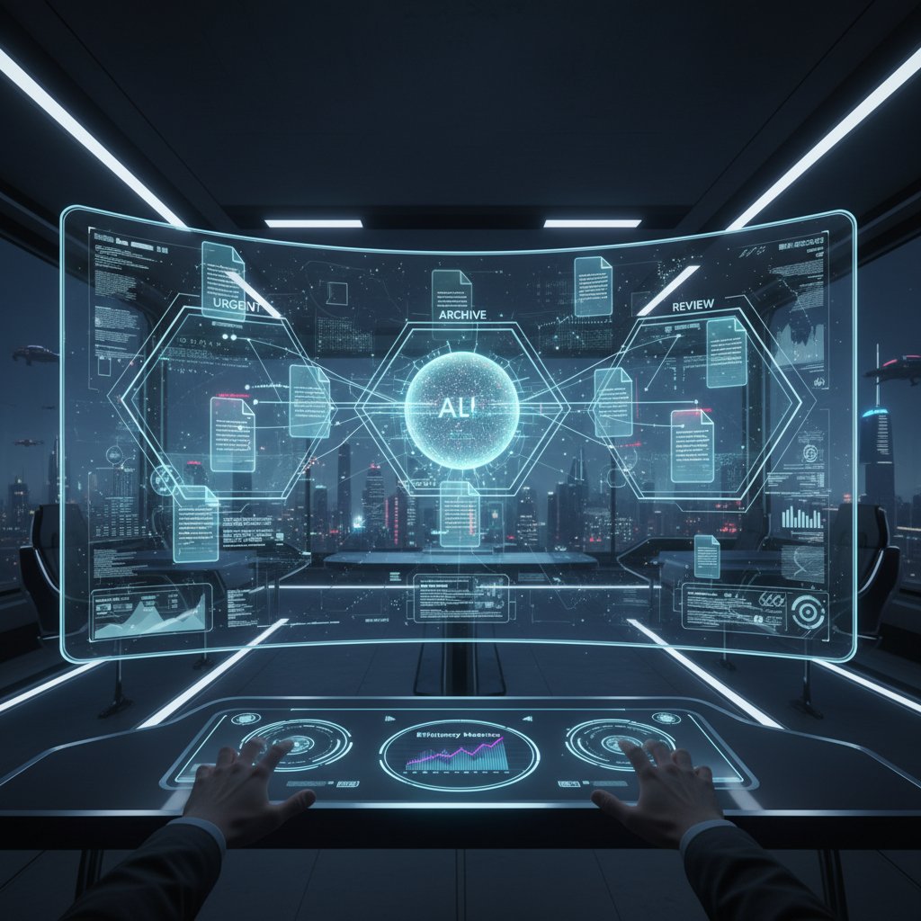 Futuristic AI interface sorting digital documents, showcasing AI-powered document management analysis