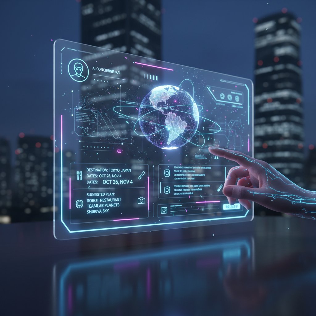 Sleek AI interface, user inputting preferences, futuristic travel planning, clean design