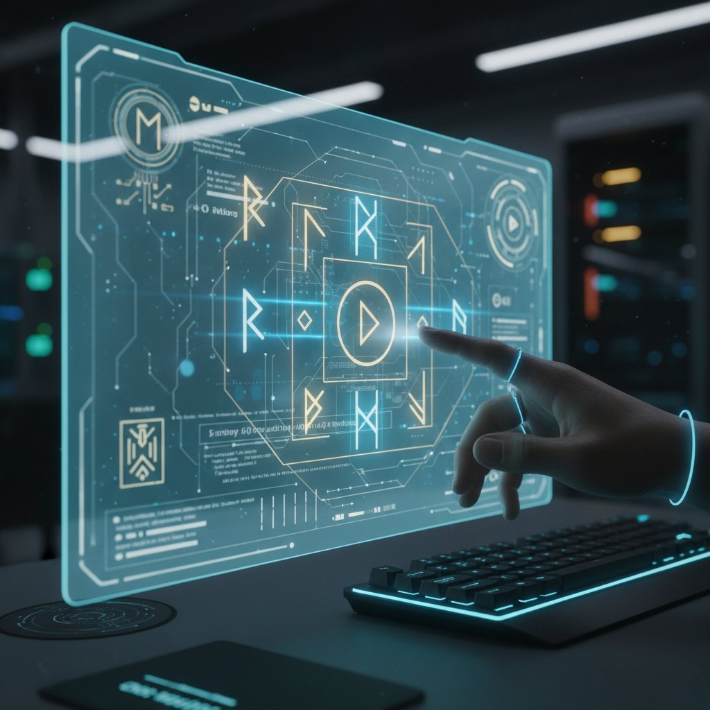 Nowoczesny interfejs AI do pracy z runami, ekran komputera