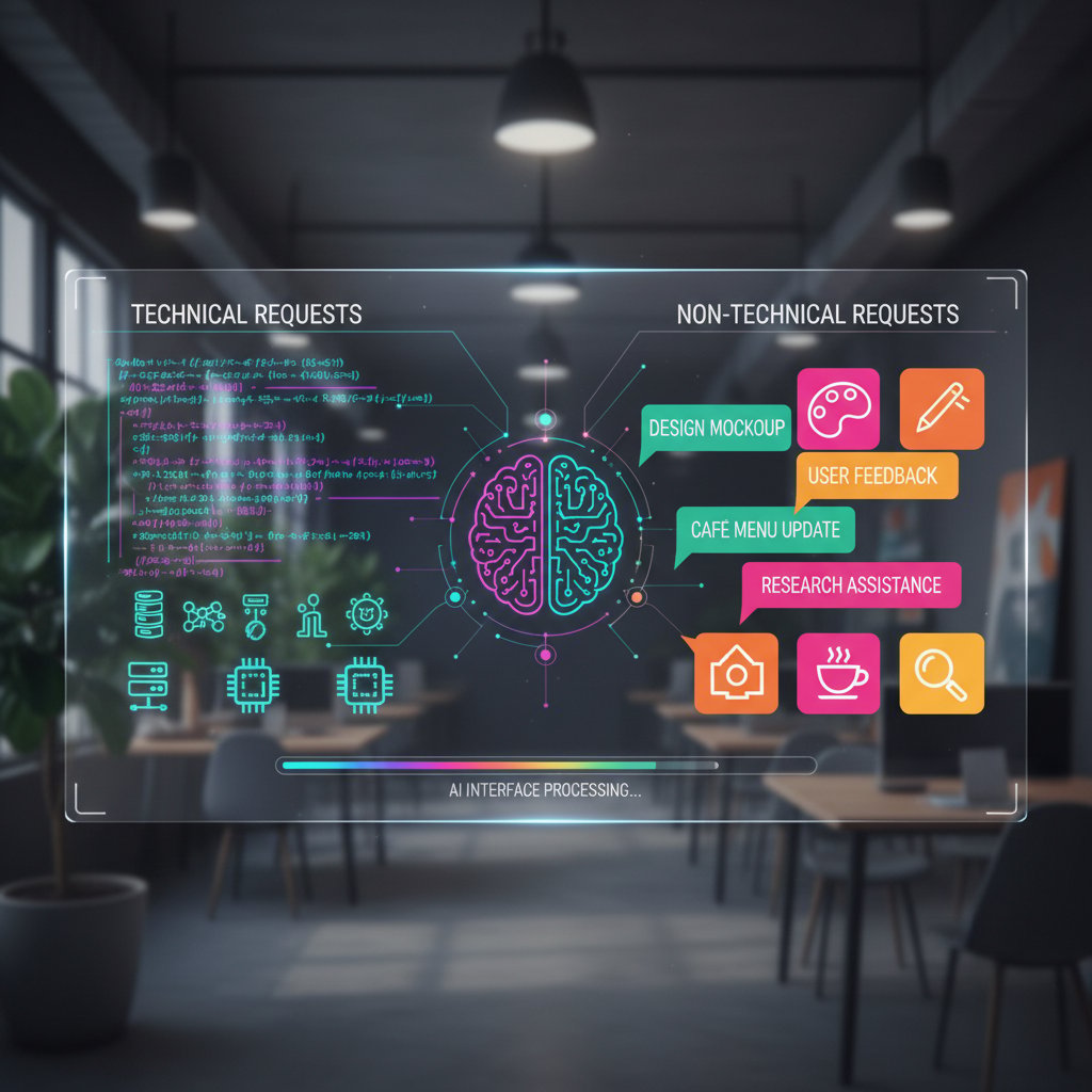 AI interface assisting with technical and non-technical requests, vibrant colors, 16:9, creative AI-powered help desk usage
