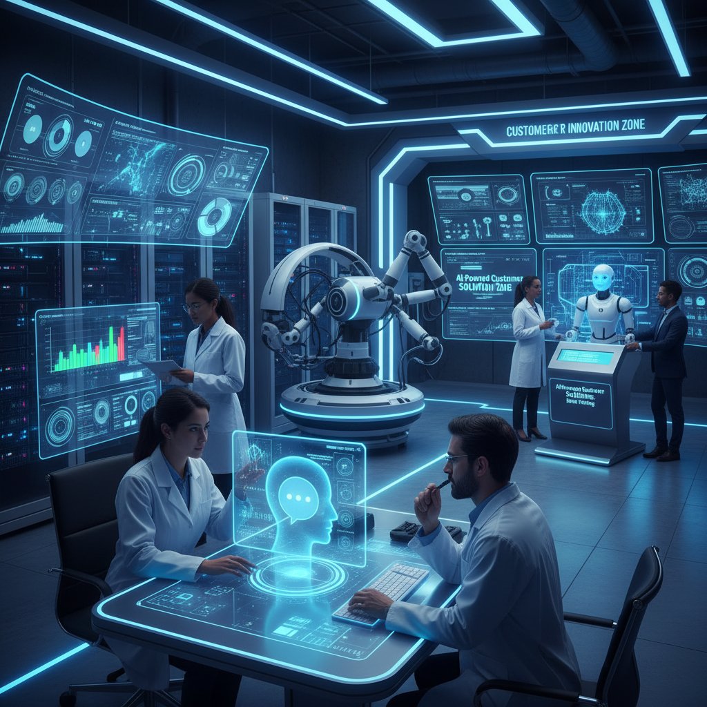 Fotografia nowoczesnego laboratorium AI, z zespołem testującym nowe technologie obsługi klienta