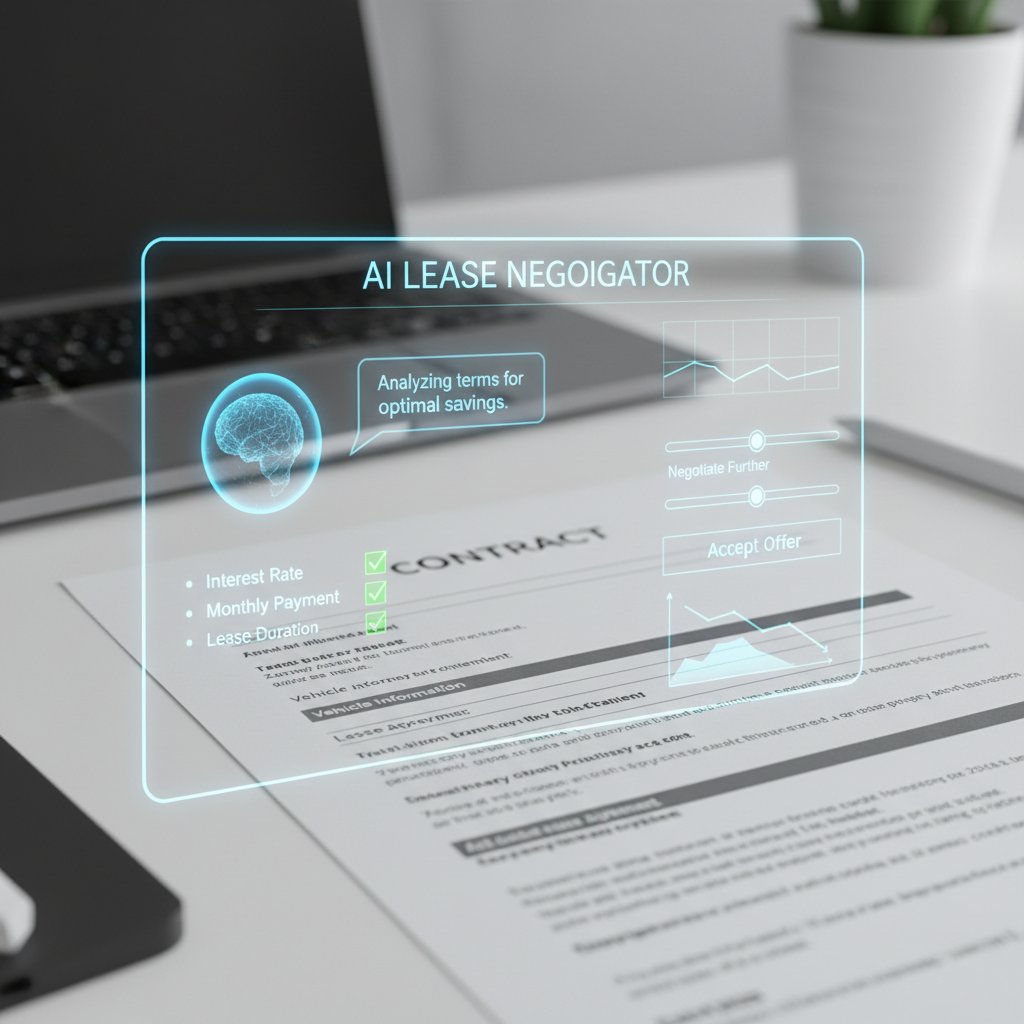 Futuristic digital interface overlaying a car lease contract with AI icons visible