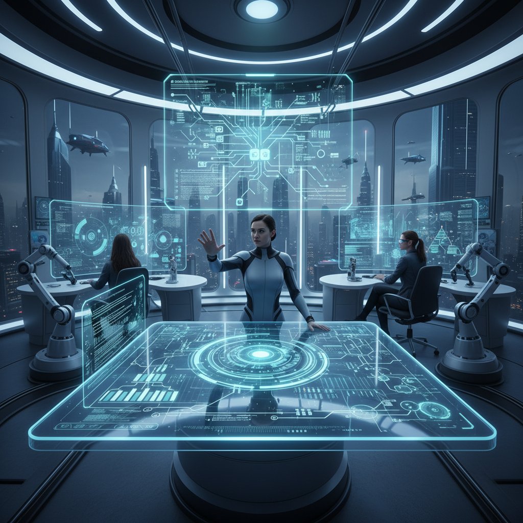 Futuristic visualization of AI decision logic flow, with human oversight ensuring quality control in virtual assistant software
