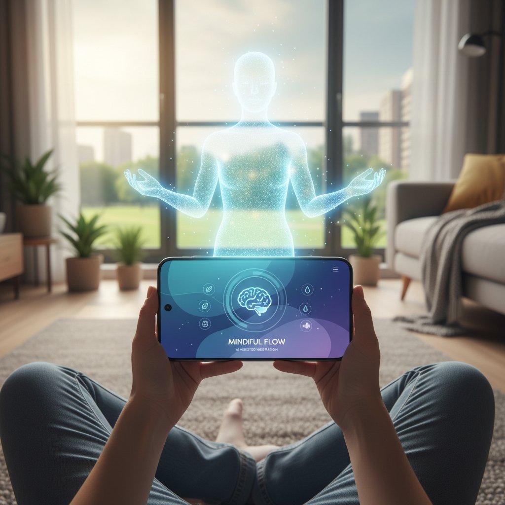 Osoba używająca smartfona do ćwiczeń mindfulness z AI, symbolizująca cyfrową transformację wsparcia mentalnego