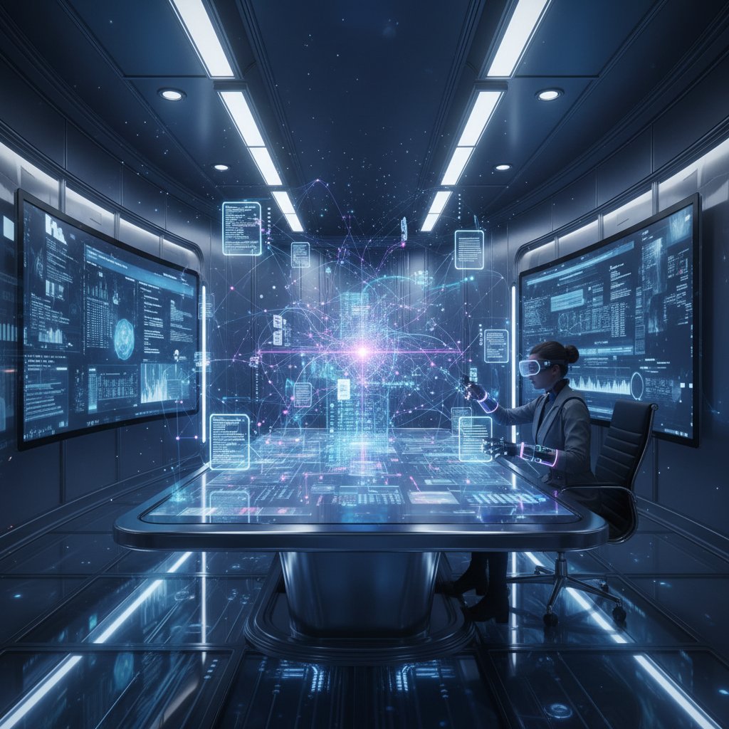 AI neural network overlaying digital documents in a futuristic workspace, demonstrating the role of AI in document digitization trends 2025