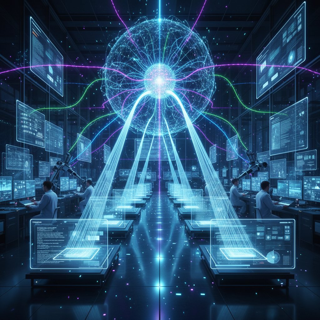 AI neural network visualized as light beams analyzing complex documents in a high-tech lab, futuristic style