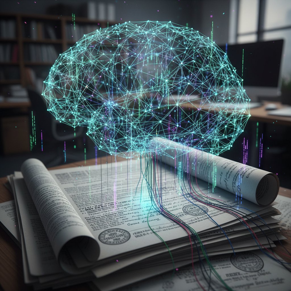 AI neural network overlaying scanned documents, visualizing AI analyzing digitized documents for document digitization market trends