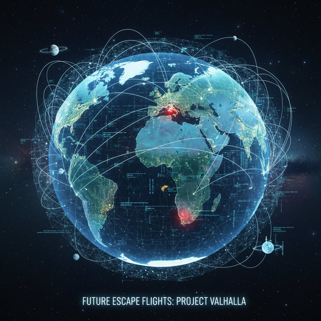 Abstract AI neural network overlay on world map with flight paths, future of escape flights