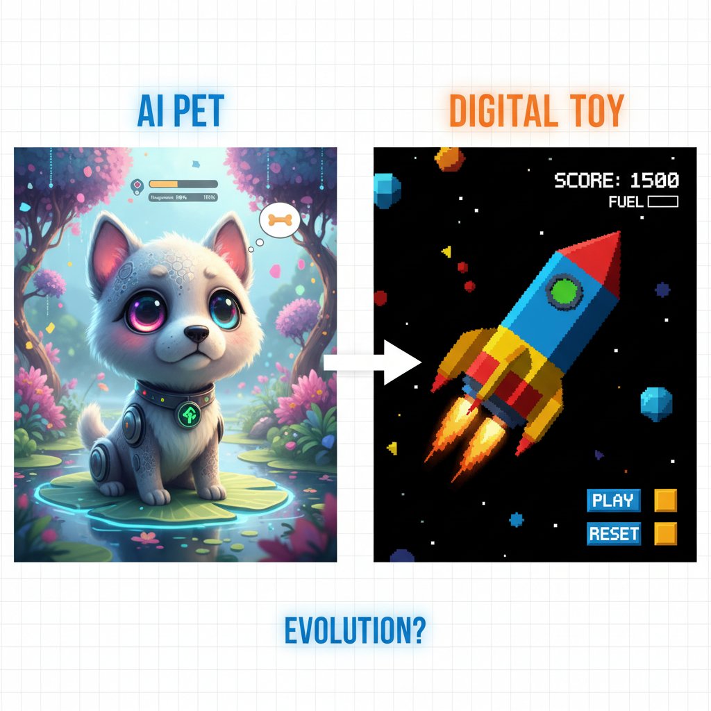 Zbliżenie na ekran telefonu z aplikacją pieska AI i klasyczne Tamagotchi obok, słowa kluczowe: AI pet, digital toy, comparison