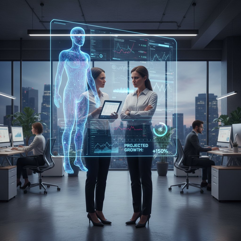 AI-powered assistant meeting skeptical analyst in a modern office environment, emphasizing skepticism about predictive analytics hype
