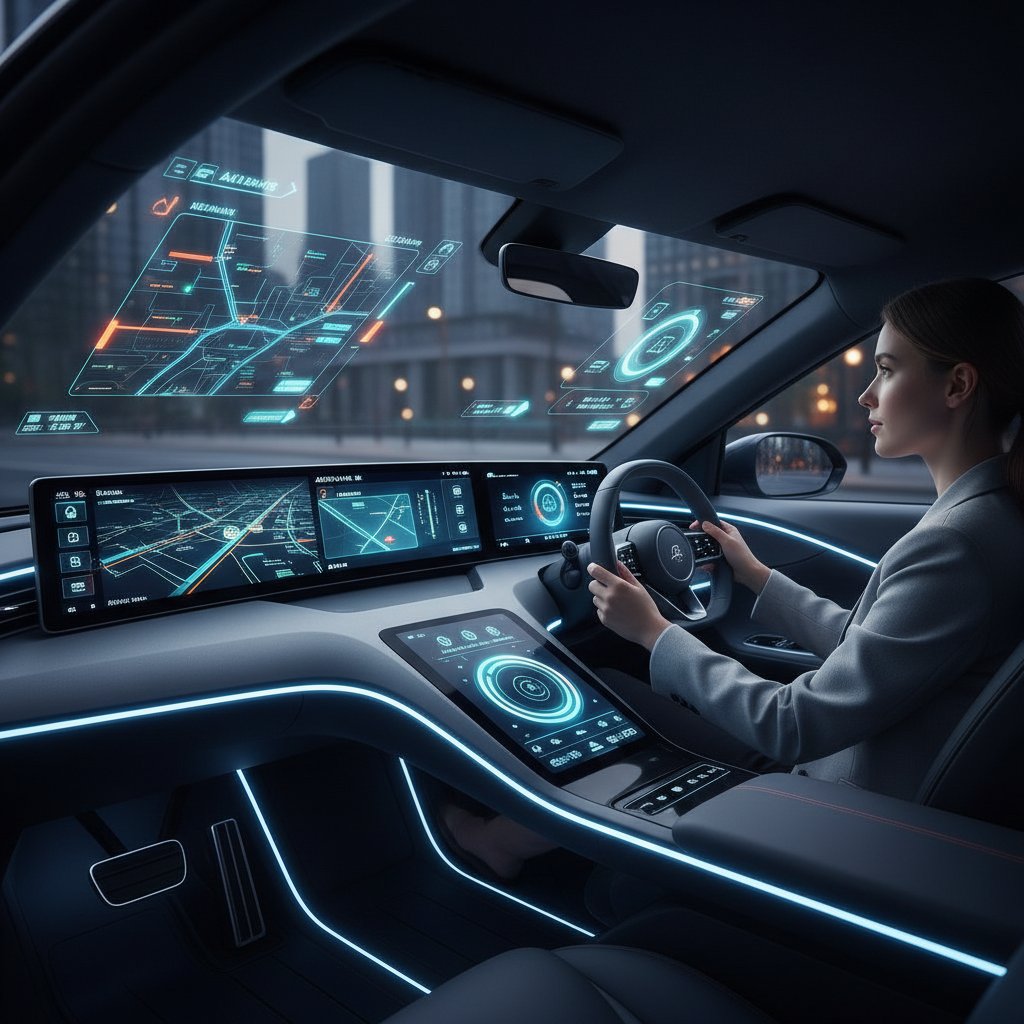 Driver using AI-powered automotive assistant, modern dashboard, bright interface, luxury SUV comparison