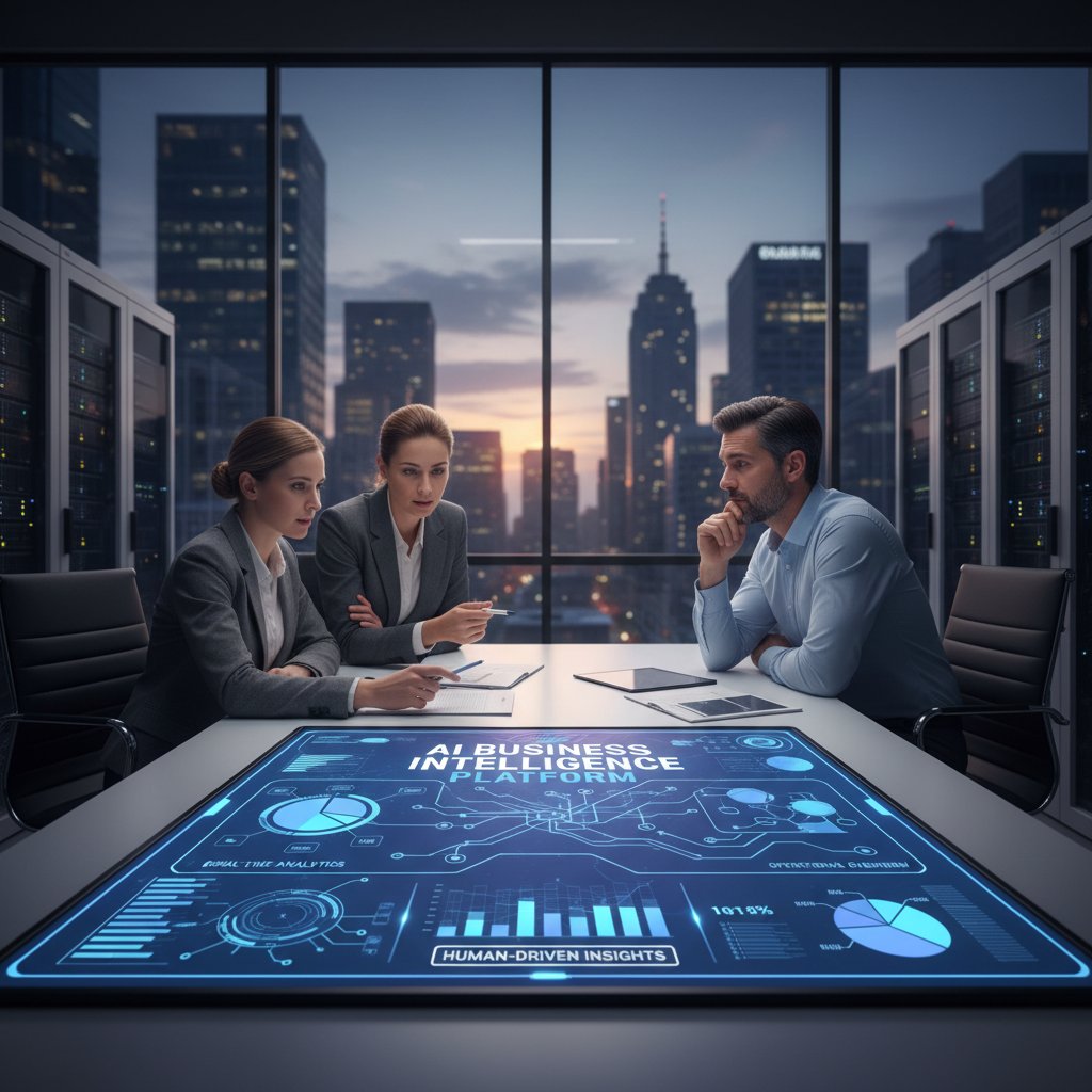 AI blending with human decision-making in business, showing a digital dashboard overlaying a thoughtful human face