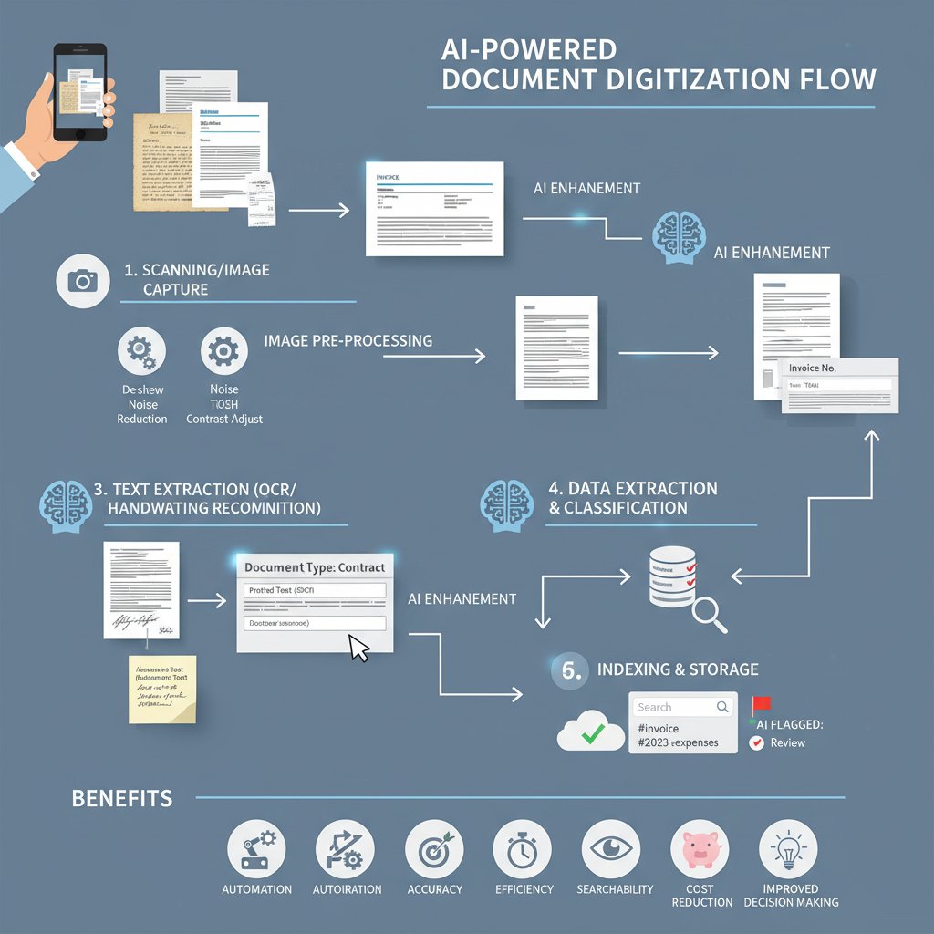 Close-up of AI-powered OCR software extracting data from handwritten and typed documents