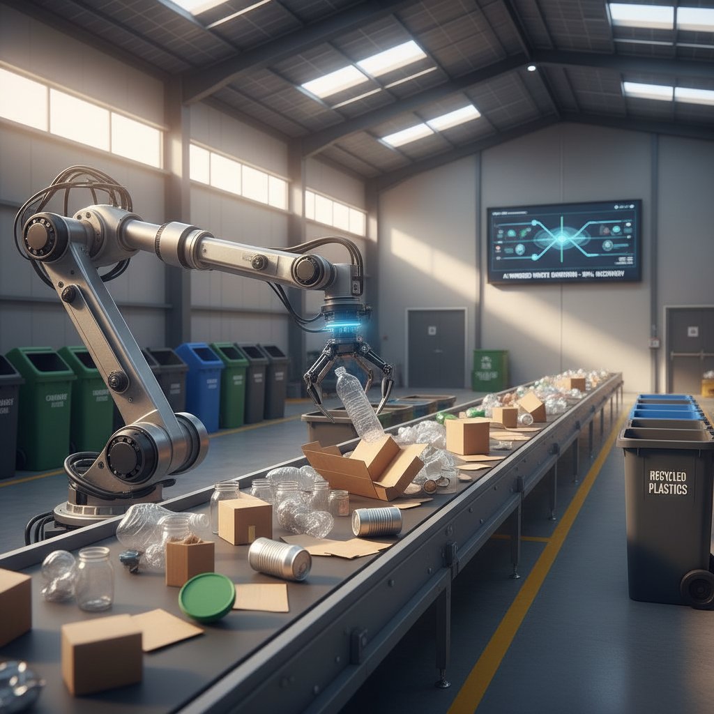 AI-powered robotic arm sorts waste on modern line.