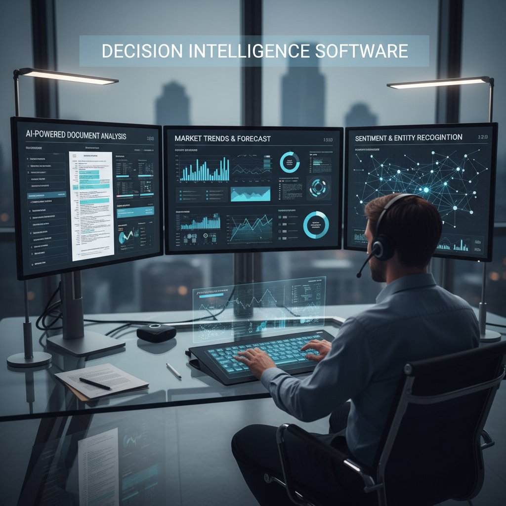 AI-powered software analyzing large volumes of documents on multiple screens, representing AI-driven document analysis market analysis