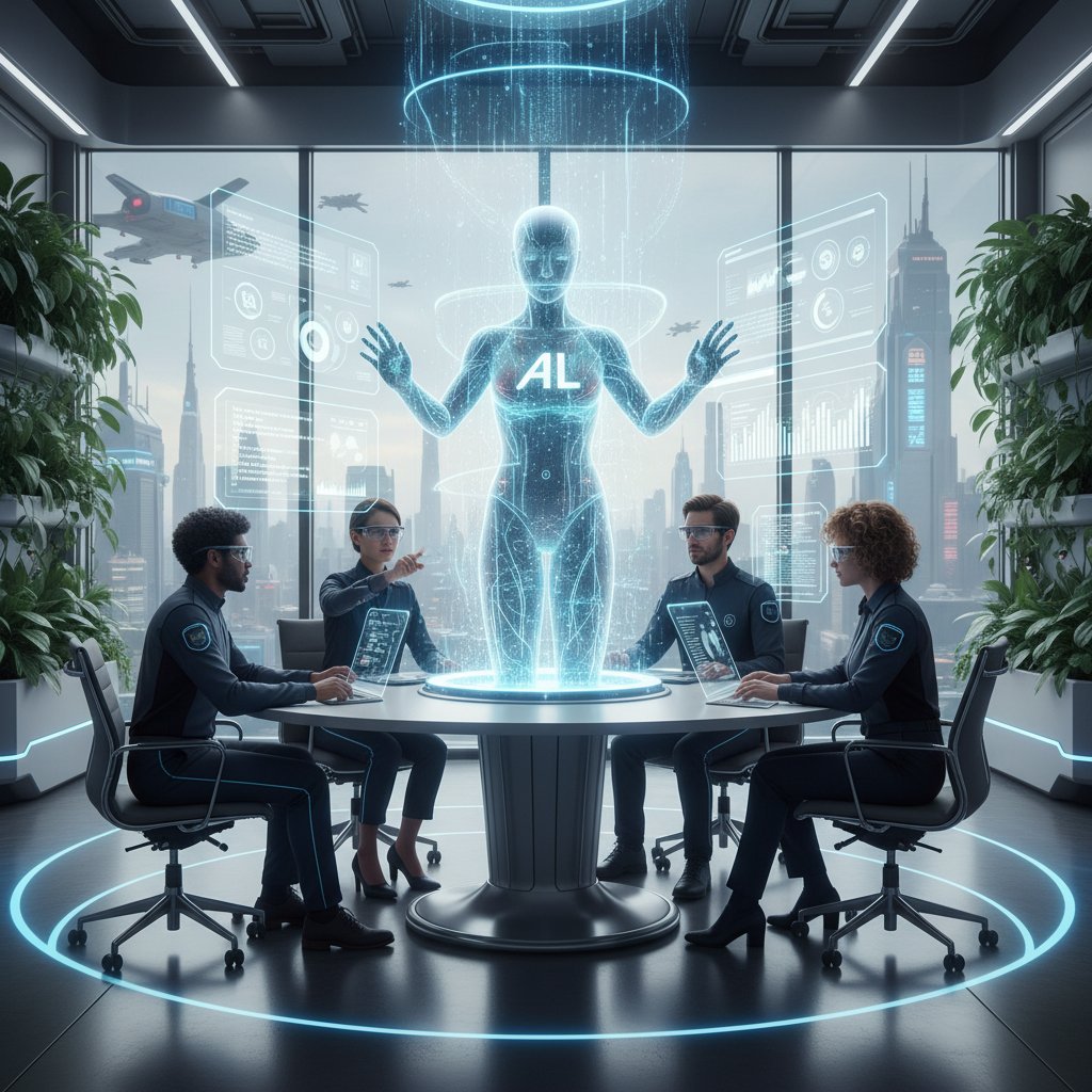 AI-powered system coordinator and human working together in ultra-modern office, visualizing future of work