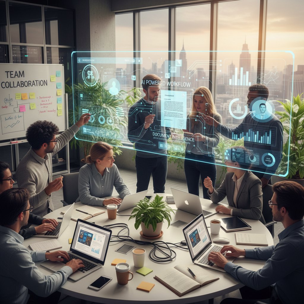 Team meeting using an AI-powered document analysis dashboard, highlighting collaboration and rapid insight