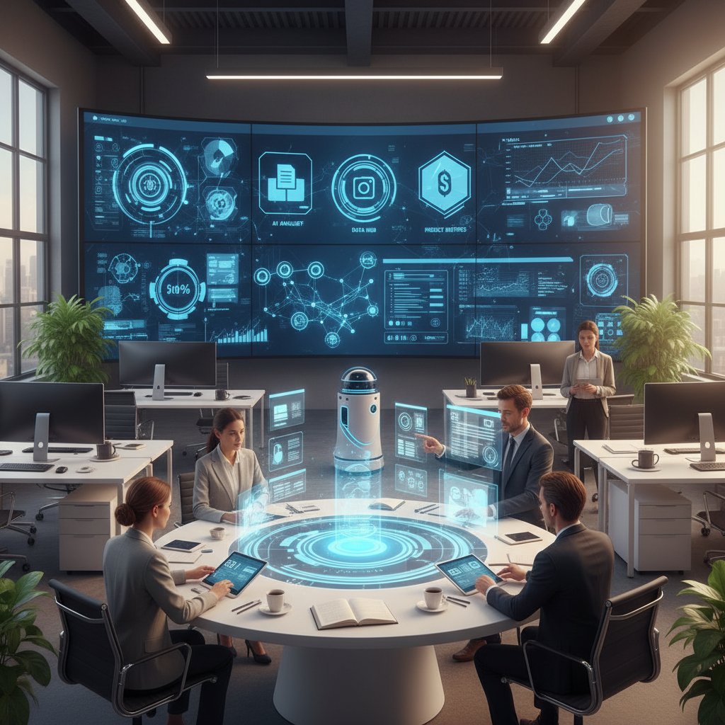 AI-powered workspace with glowing digital documents and analysts collaborating, illustrating document analysis transformation