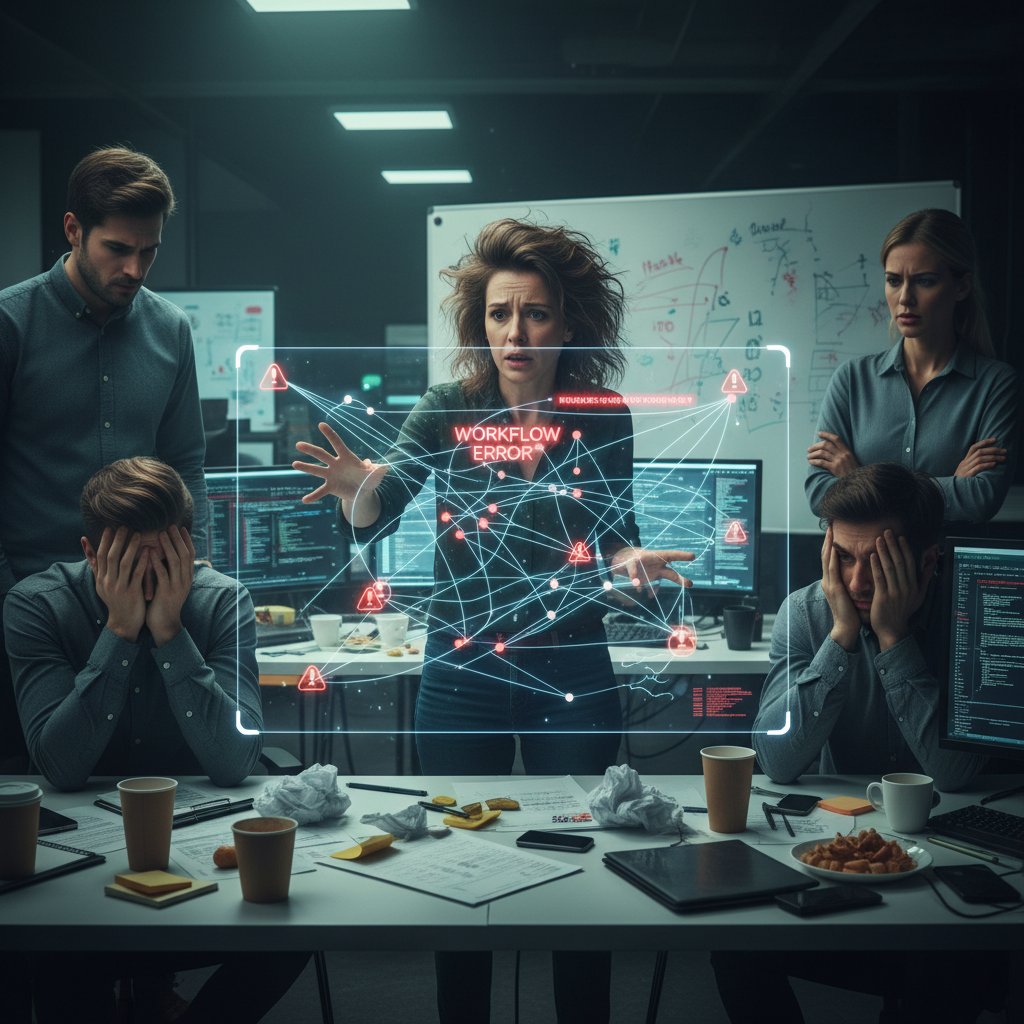 AI process coordinator causing a workflow error, frustrated human team watching