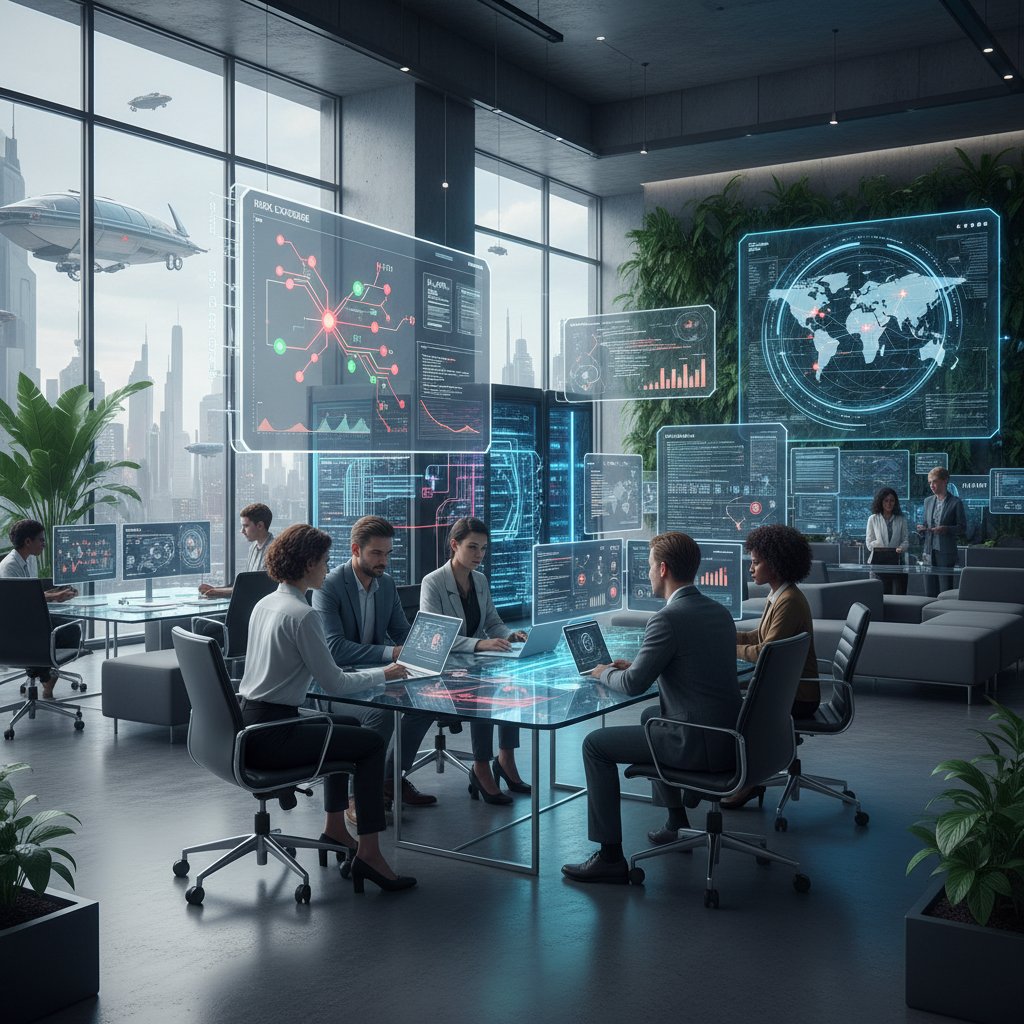 Foto: Zespół IT programujący algorytmy AI na potrzeby analizy ryzyka – nowoczesne biuro, ekrany, technologia