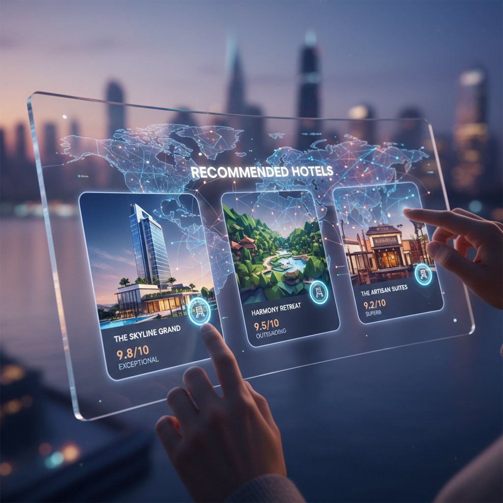 Editorial image of AI recommending hotels in a dynamic, sleek interface, intriguing mood